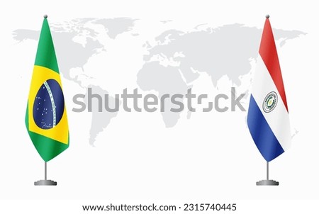 Brazil and Paraguay flags for official meeting against background of world map, vector