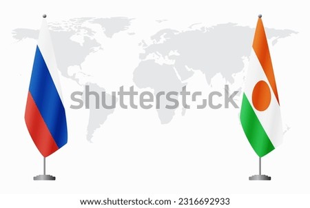 Russia and Niger flags for official meeting against background of world map.