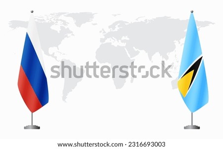 Russia and Saint Lucia flags for official meeting against background of world map.