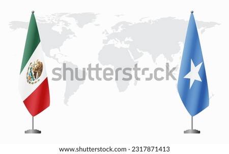 Mexico and Somalia flags for official meeting against background of world map.