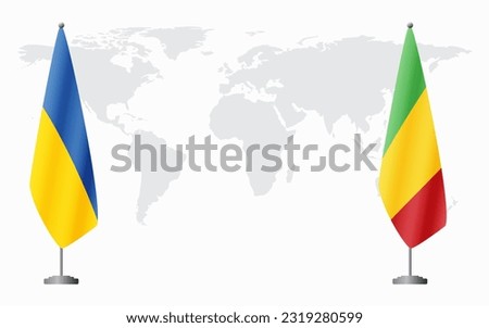 Ukraine and Mali flags for official meeting against background of world map.