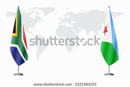 South Africa and Djibouti flags for official meeting against background of world map.