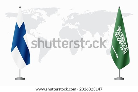 Finland and Saudi Arabia flags for official meeting against background of world map.
