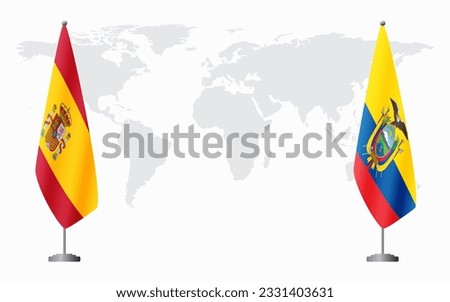 Spain and Ecuador flags for official meeting against background of world map.