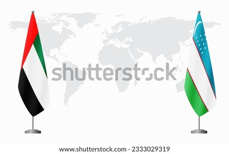 United Arab Emirates and Uzbekistan flags for official meeting against background of world map.