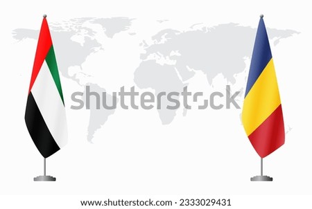 United Arab Emirates and Romania flags for official meeting against background of world map.