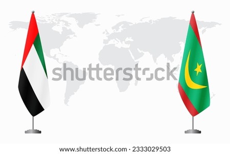 United Arab Emirates and Mauritania flags for official meeting against background of world map.