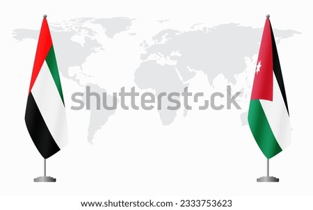 United Arab Emirates and Jordan flags for official meeting against background of world map.