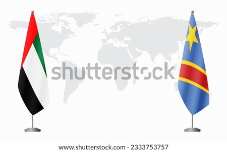 United Arab Emirates and Democratic Republic of Congo flags for official meeting against background of world map.