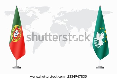 Portugal and Macau flags for official meeting against background of world map.