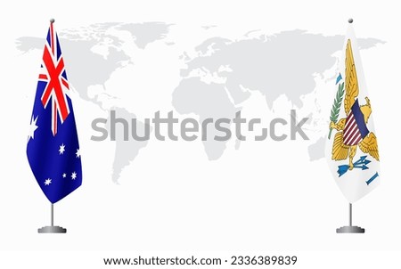 Australia and United States Virgin Islands flags for official meeting against background of world map.