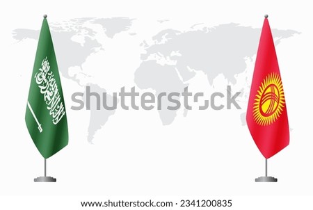 Saudi Arabia and Kyrgyzstan flags for official meeting against background of world map.