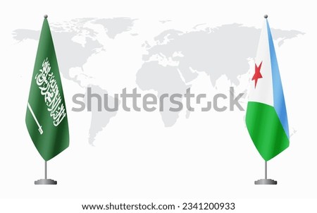 Saudi Arabia and Djibouti flags for official meeting against background of world map.