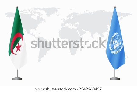 Algeria and United Nations flags for official meeting against background of world map.
