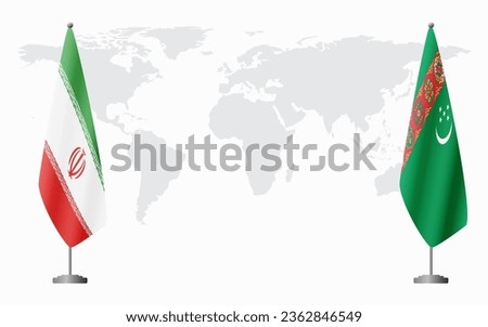 Iran and Turkmenistan flags for official meeting against background of world map.