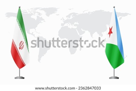 Iran and Djibouti flags for official meeting against background of world map.