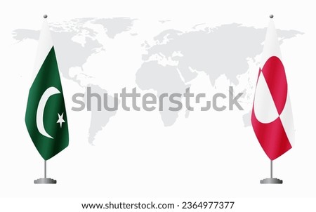 Pakistan and Greenland flags for official meeting against background of world map.