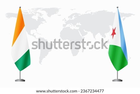 Ivory Coast and Djibouti flags for official meeting against background of world map.