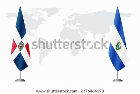 Dominican Republic and El Salvador flags for official meeting against background of world map.