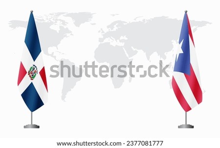 Dominican Republic and Puerto Rico flags for official meeting against background of world map.