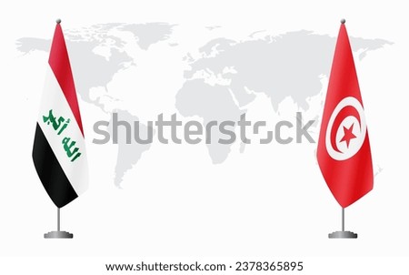 Iraq and Tunisia flags for official meeting against background of world map.