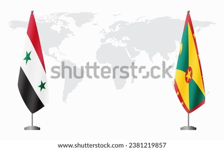 Syria and Grenada flags for official meeting against background of world map.