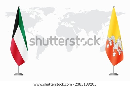 Kuwait and Bhutan flags for official meeting against background of world map.