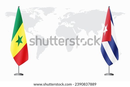 Senegal and Cuba flags for official meeting against background of world map.