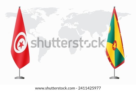 Tunisia and Grenada flags for official meeting against background of world map.