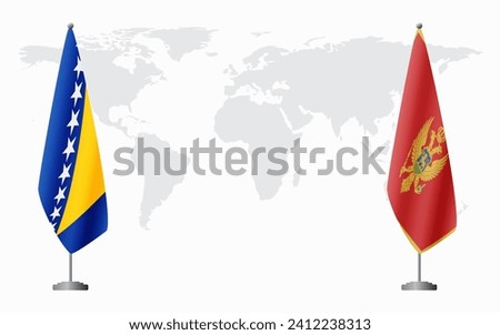 Bosnia and Herzegovina and Montenegro flags for official meeting against background of world map.