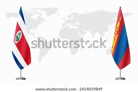 Costa Rica and Mongolia flags for official meeting against background of world map.