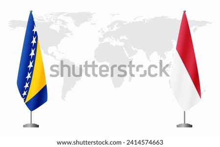 Bosnia and Herzegovina and Monaco flags for official meeting against background of world map.