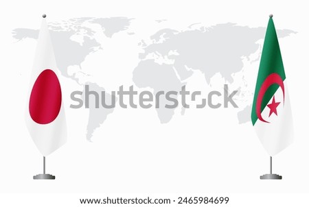 Japan and Algeria flags for official meeting against background of world map.