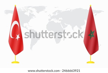 Turkey and Morocco flags for official meeting against background of world map.