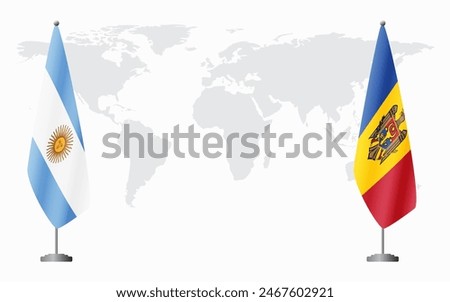 Argentina and Moldova flags for official meeting against background of world map.