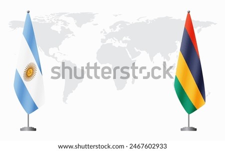 Argentina and Mauritius flags for official meeting against background of world map.