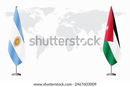 Argentina and Jordan flags for official meeting against background of world map.