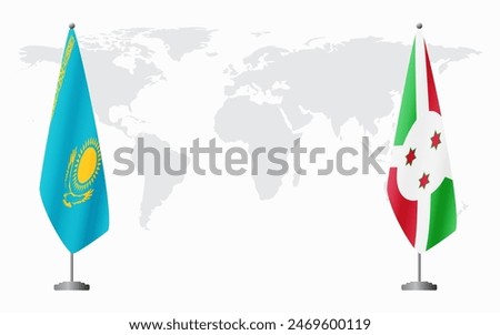 Kazakhstan and Burundi flags for official meeting against background of world map.