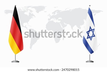 Germany and Israel flags for official meeting against background of world map.