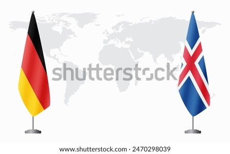 Germany and Iceland flags for official meeting against background of world map.