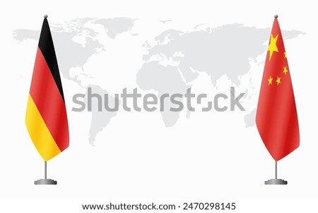 Germany and China flags for official meeting against background of world map.