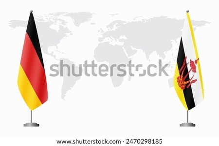 Germany and Brunei flags for official meeting against background of world map.