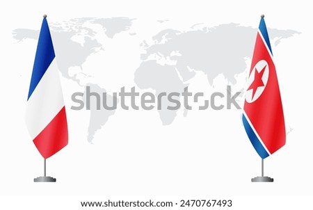 France and North Korea flags for official meeting against background of world map.