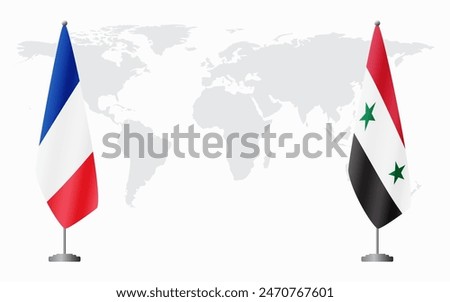 France and Syria flags for official meeting against background of world map.