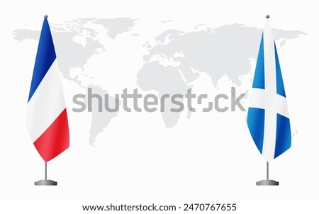 France and Scotland flags for official meeting against background of world map.