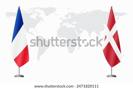 France and Denmark flags for official meeting against background of world map.