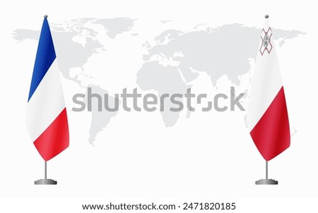 France and Malta flags for official meeting against background of world map.