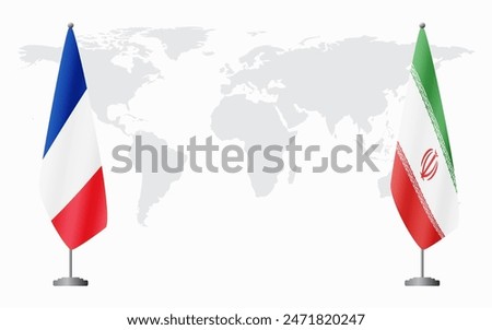 France and Iran flags for official meeting against background of world map.