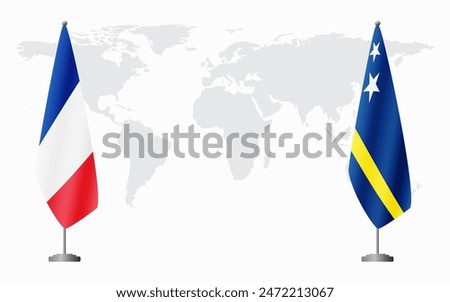 France and Curacao flags for official meeting against background of world map.