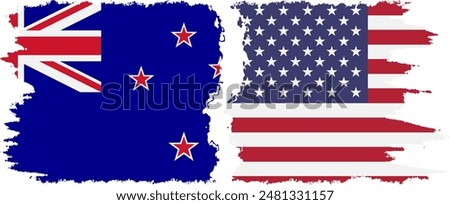 United States and New Zealand grunge flags connection, vector